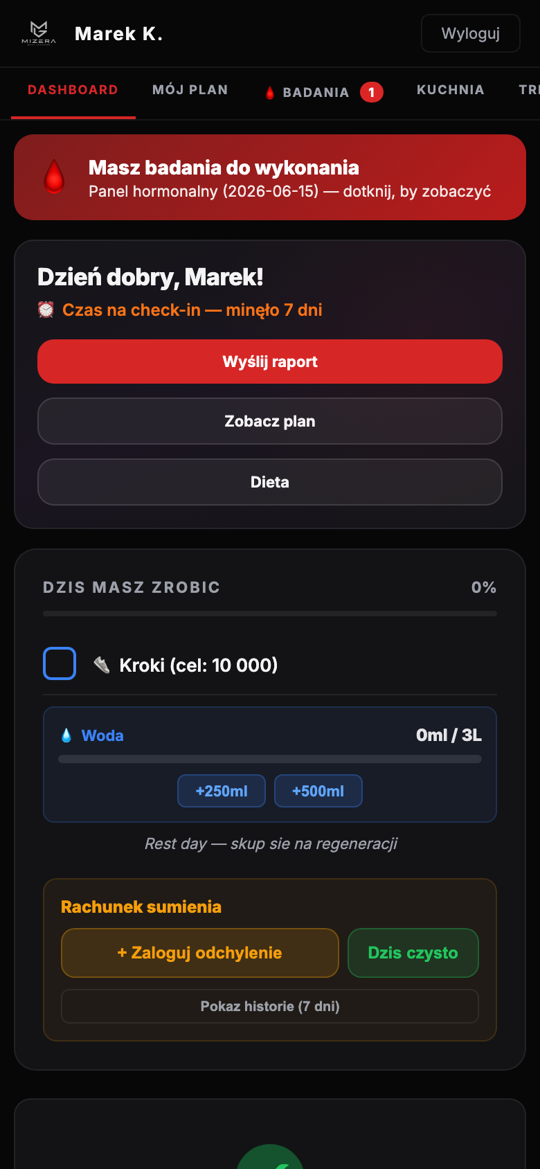Panel klienta — pulpit z danymi i zadaniami na dziś